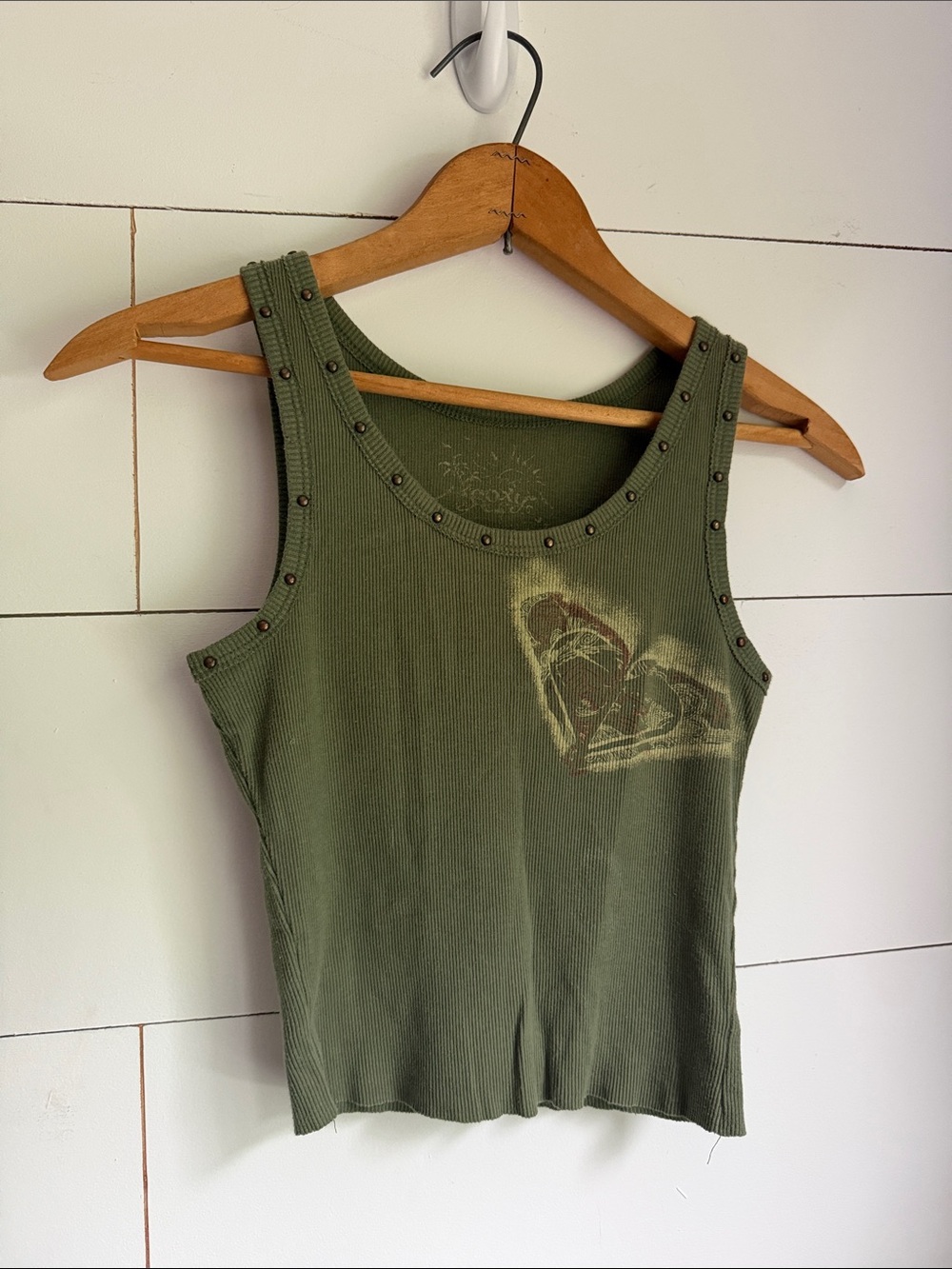 Vintage Roxy Olive Green Studded Tank Top with Graphic